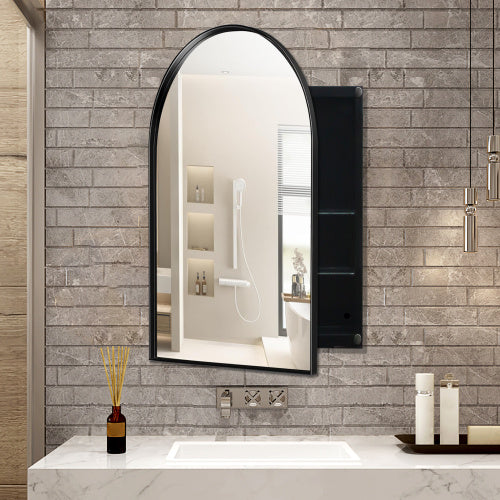 24x36 Inch Arched Recessed Medicine Cabinet, Metal Framed Bathroom Wall Cabinet With Mirror And Adjustable Shelves, Wall Mirror With Storage For Bathroom, Matte Black
