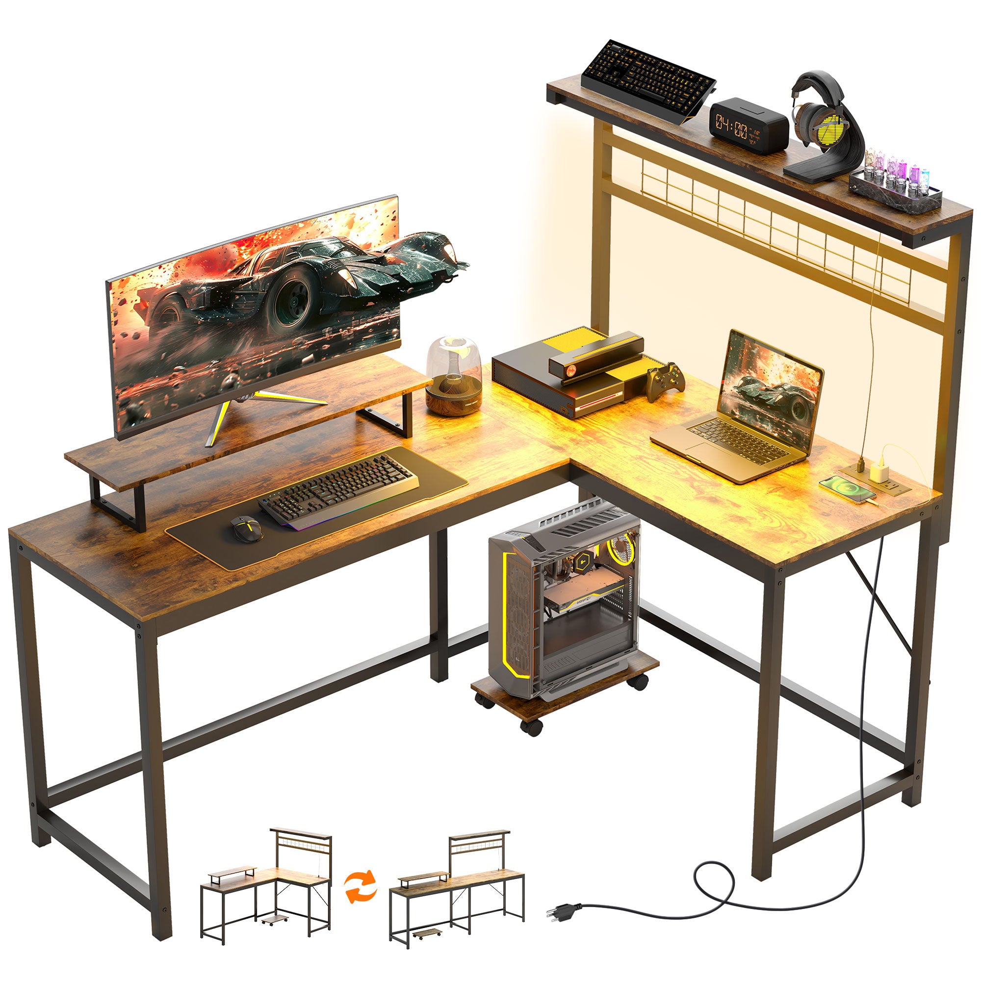 61.6 L Shaped Gaming Desk With Power Outlets & LED Lights, Computer Desk With Monitor Stand And CPU Shelf, Rustic Brown