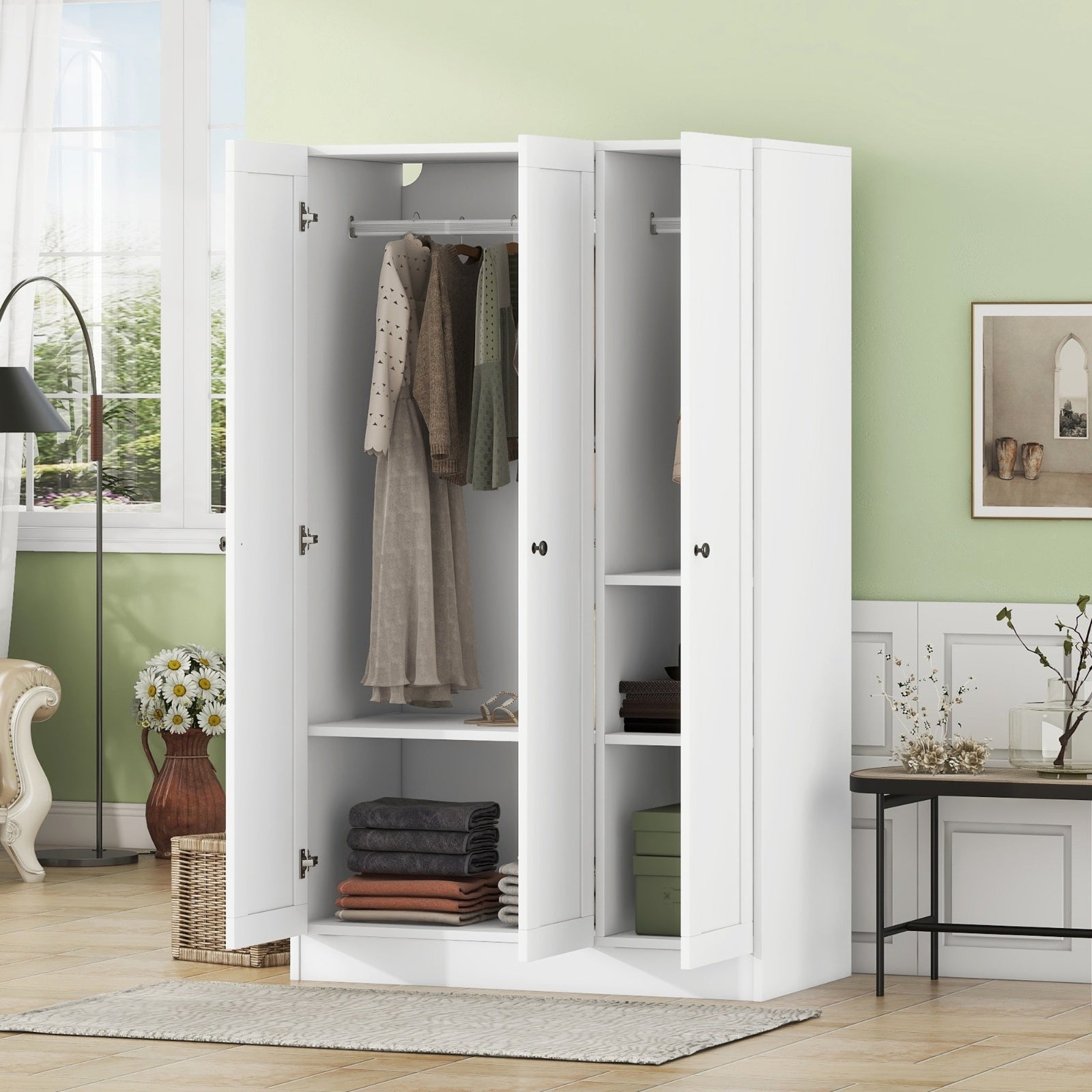 K&K Kitchen Island With Trash Can Storage Cabinet, Kitchen Cart With Drop Leaf, Spice Rack, Towel Ra