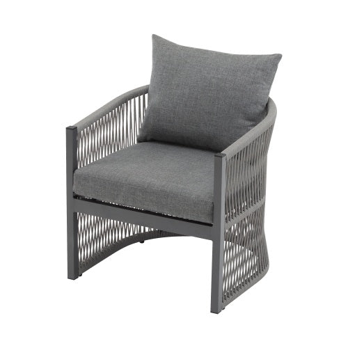 Modern Gray Curved Aluminum Lounge Chair With Stylish Rope-Weave Design And Cushioned Comfort, Perfect For Outdoor Living