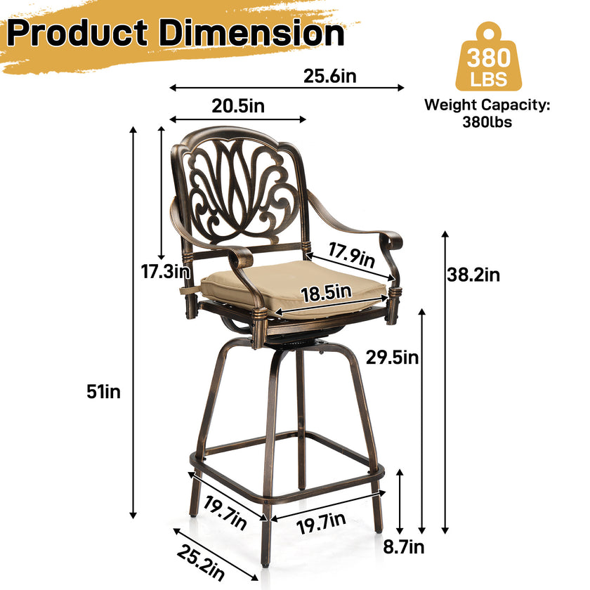 2pcs Bronze Color, Beige Cushion, Cast Aluminum Bar Stool