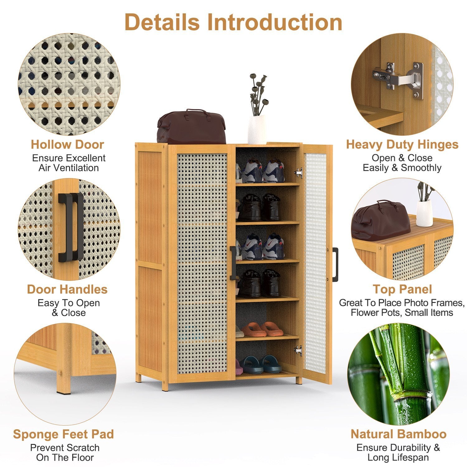 1Pc 6Tier Shoe Cabinet With Bamboo Shoe Rack Freestanding Shoe Organizer With 2 Hollow Doors And Handles 154lbs Max Load For Closet Hallway Living Room