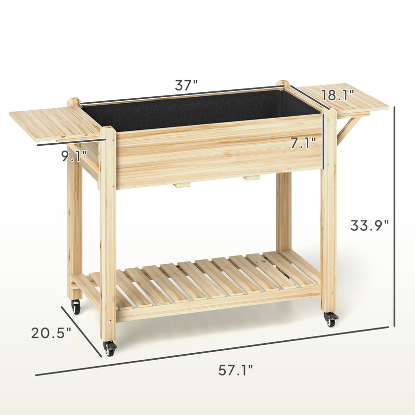 Wood Raised Planter Box, Elevated Garden Bed With Lockable Wheels, Side Tables, Bottom Shelf, Drain Holes, Natural