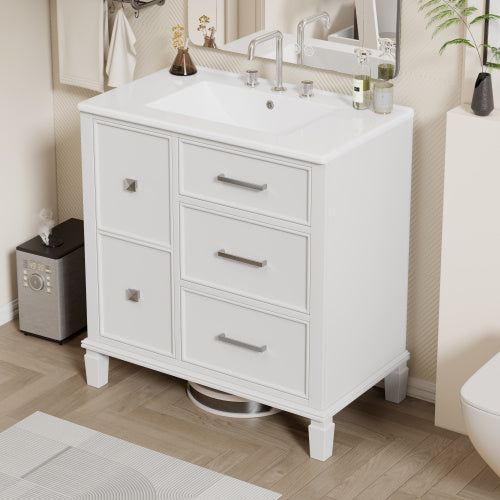 30 Inch Bathroom Vanity With Ceramic Sink, Flip-Out Drawer Design For Plumbing, White Painted MDF Cabinet With Solid Wood Legs