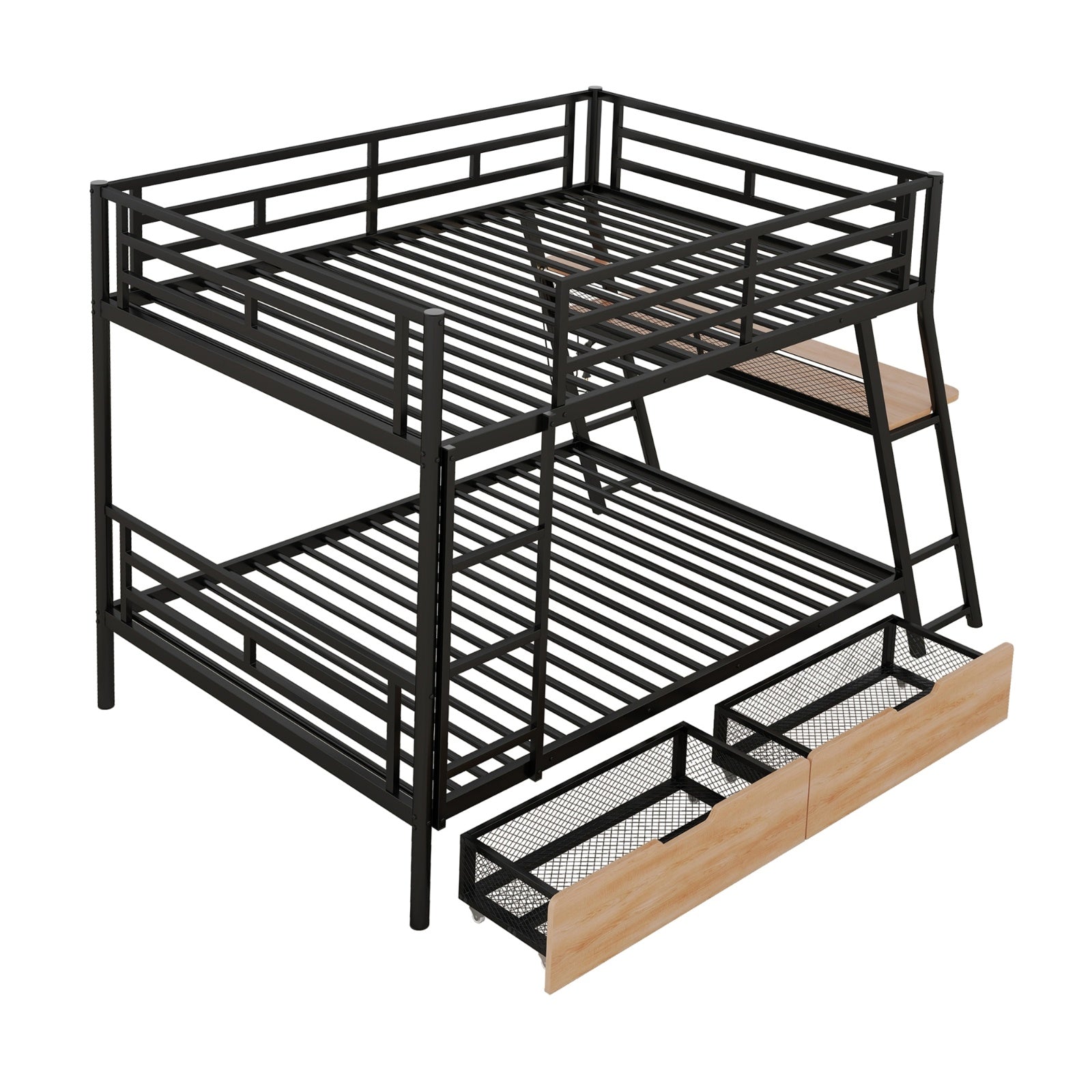 Full Size Metal Bunk Bed With Built-in Desk, Light And 2 Drawers, Black