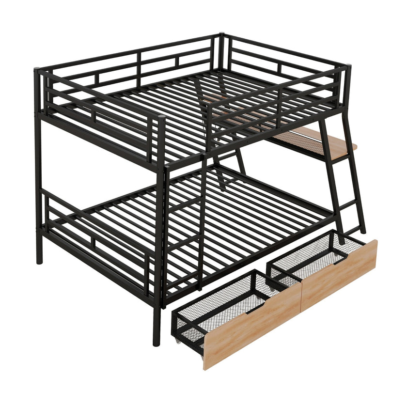 Full Size Metal Bunk Bed With Built-in Desk, Light And 2 Drawers, Black
