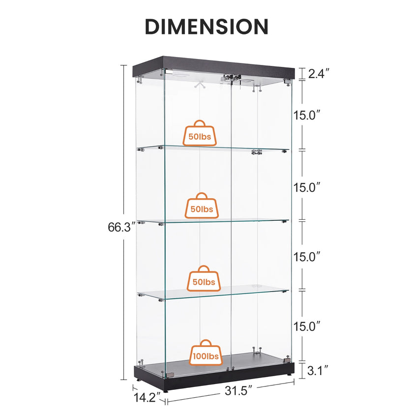 4-Tier Glass Display Cabinet, Double Door Glass Cabinet, Four Partitions, Two Locks, Floor Standing