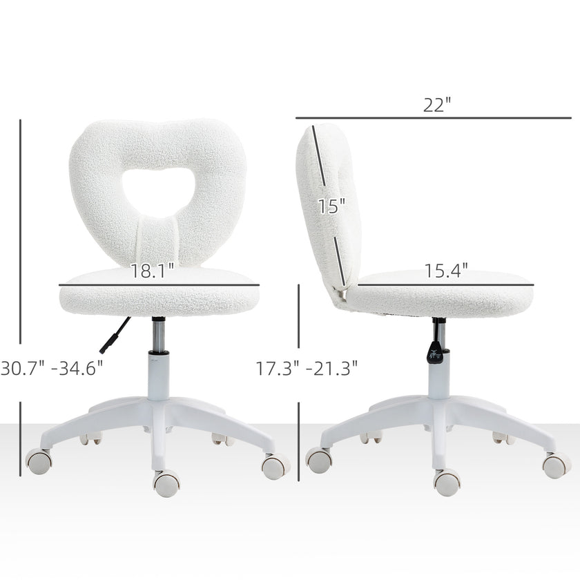 Armless Computer Desk Chair, Office Task Chair, Teddy Fleece Heart Makeup Vanity Chair With Swivel Wheels, White