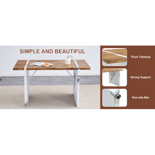 Natural Wood Grain MDF Dining Table   55x31.5 Stable Design.Suitable For Various Modern Home Decor Styles.Splicing Structure Design,Wood Textured Desktop,White Marble Patterned Table Legs