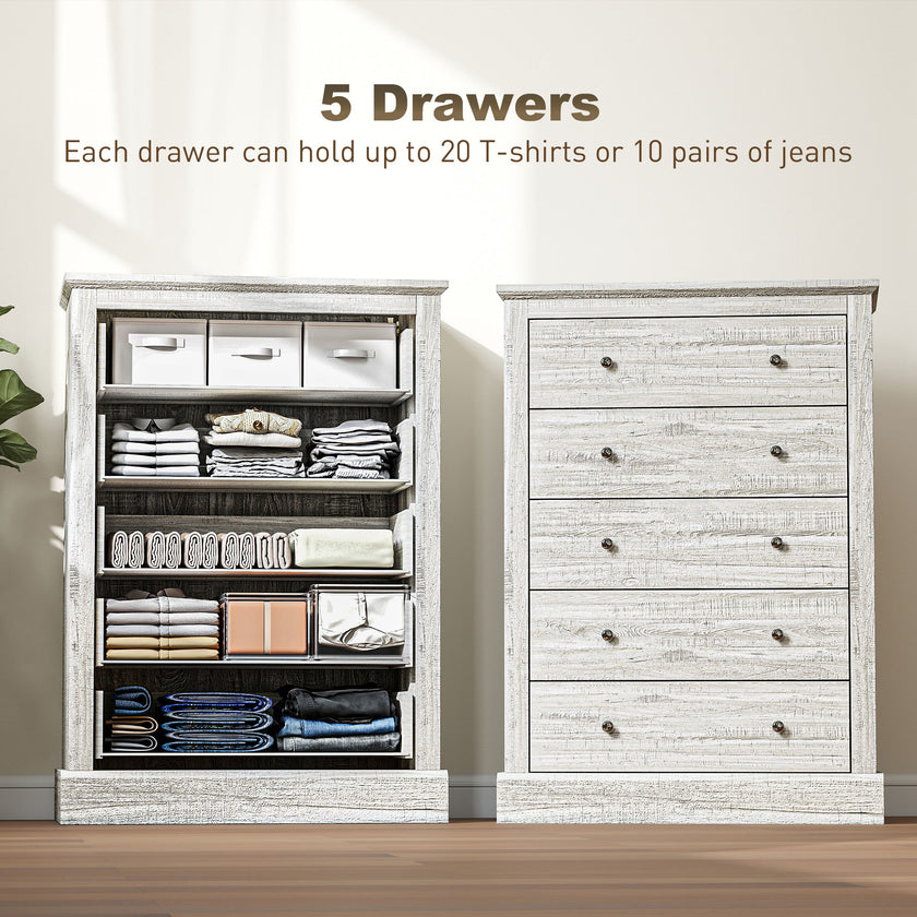 31 Wide Farmhouse Chest Of Drawers With 5 Drawers, Dresser For Bedroom With Wood Top For Living Room, Dirty Oak