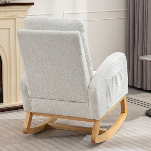 LY-5104 WHITE Accent Rocking Chair With Footrest High Back Rubber Wood Rocking Legs Bedroom Living Space 26.77D X 38.36W X 39.76H Inch