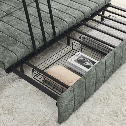 3 In 1 Pull-Out Bed Sleeper, Modern Upholstered 3 Seats Lounge Sofa & Couches With Rolled Arms Decorated With Copper Nails , Convertible Futon 3 Seats Sofabed With Two Drawers And Two Pillows