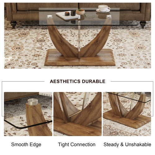 Modern Minimalist Transparent Tempered Glass Coffee Table With Marble Patterned MDF Legs And Stainless Steel Decorative Columns. Computer Desk. Game Table