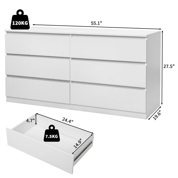 6 Drawer Double Dresser For Bedroom, Wide Storage Cabinet For Living Room Home Entryway, White