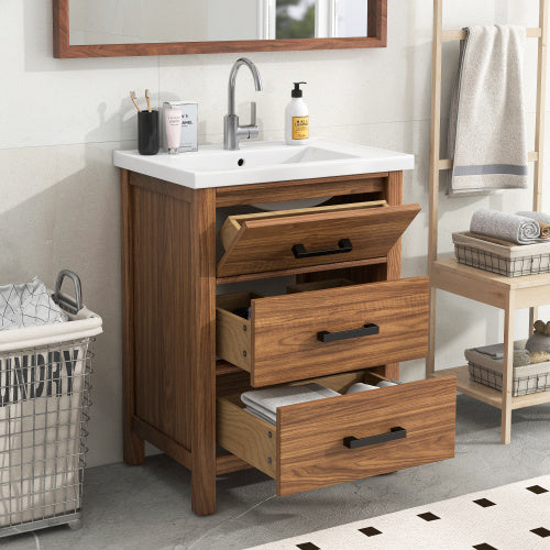 24'' Bathroom Vanity With Ceramic Basin Sink, Modern Bathroom Storage Cabinet With 3 Drawers, Freestanding Bathroom Vanity Cabinet With Single Sink