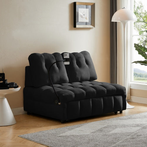 Modern Sofa Velvet Pull-out Bed,Independently Removable Backrest, Have USB Port And Swivel Phone Stand ,black