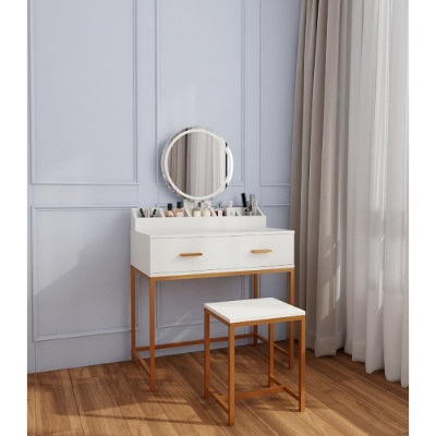 Vanity Set With Mirror And Stool - Makeup Vanity Table With Storage Drawers And Organizer, White And Gold, Space-Saving Design For Small Bedrooms