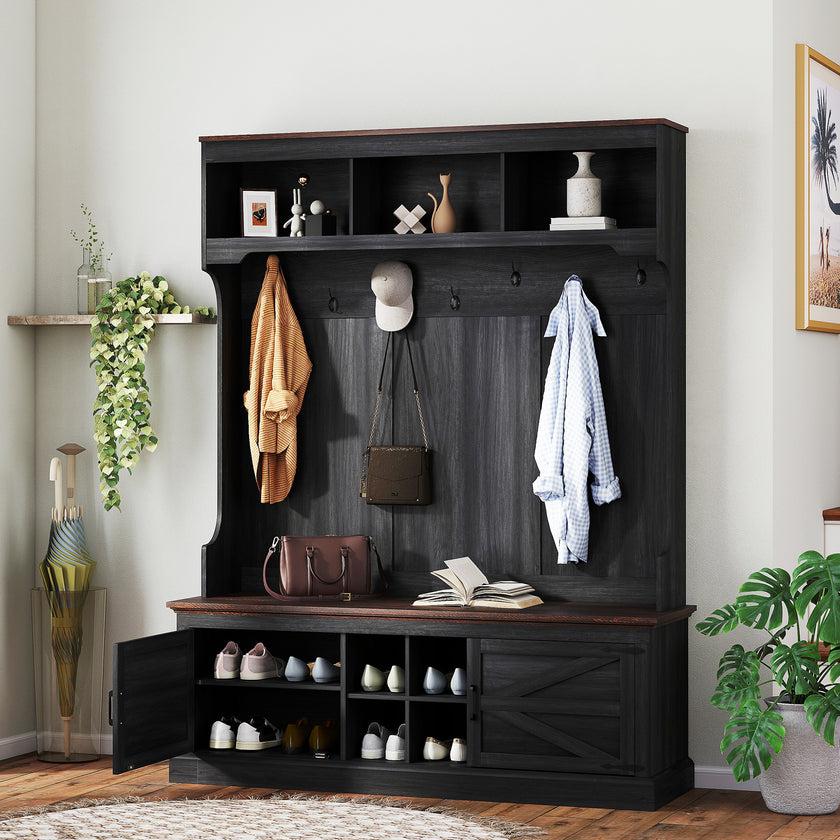 3-in-1 Hall Tree With Shoe Storage, Coat Rack With Bench, Entryway Furniture With Hooks, Black Wood Grain