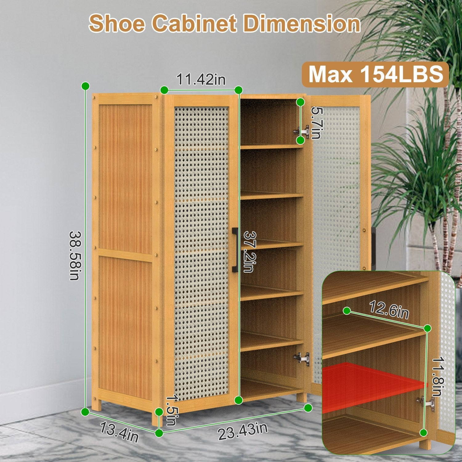 1Pc 6Tier Shoe Cabinet With Bamboo Shoe Rack Freestanding Shoe Organizer With 2 Hollow Doors And Handles 154lbs Max Load For Closet Hallway Living Room