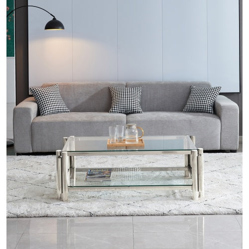 50 Wide Rectangle Modern Stainless Steel Coffee Table, Double-Layer Clear Tempered Glass Coffee Table, Center Table With Storage, For Living Room Home Office, Easy Assembly, Silver