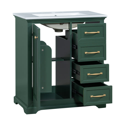 30 Bathroom Vanity With Sink, One Package, Green Bathroom Cabinet With Drawers, Solid Frame And MDF Board