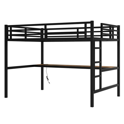 Metal Full XL Size Loft Bed With Power Outlet And LED Lighted, Space-Saving, Noise Reduced, Black