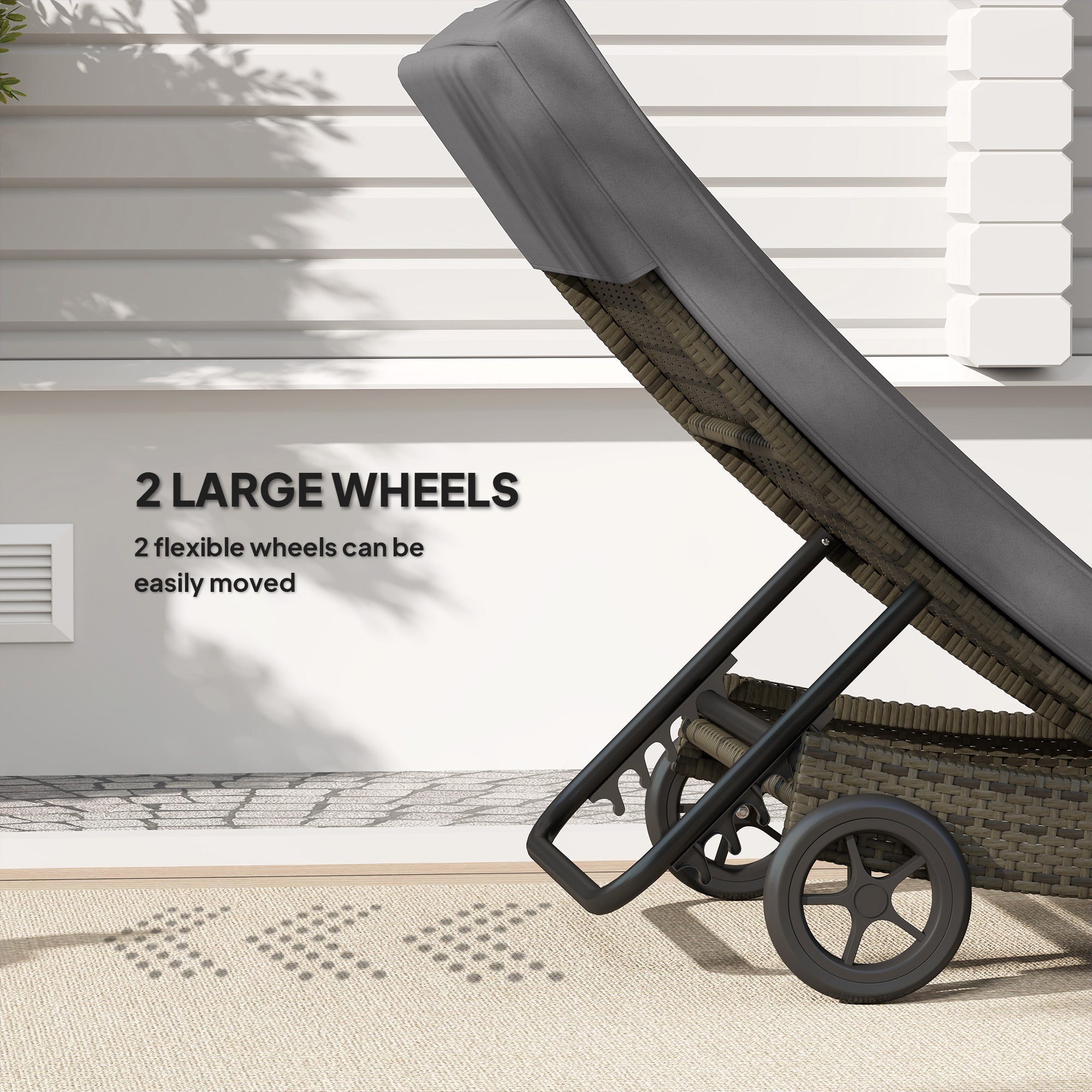 Patio Wicker Chaise Lounge Chair, Outdoor PE Rattan Sun Lounger With Adjustable Backrest And 2 Wheels, Gray