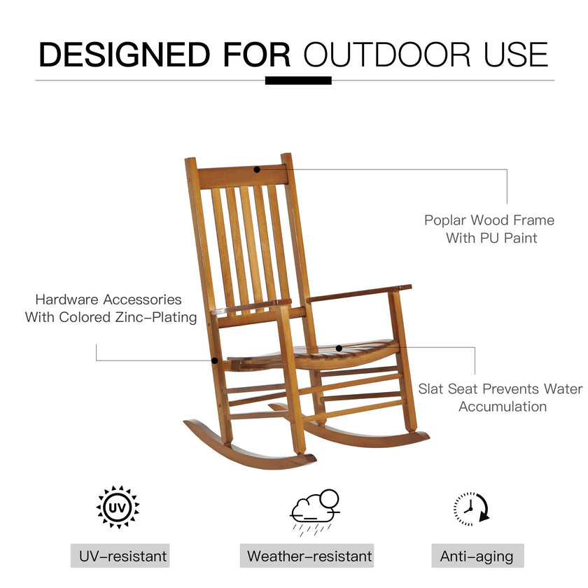 Wooden Outdoor Rocking Chair With Armrests, High Back For Garden, Patio, Balcony, Porch, Natural