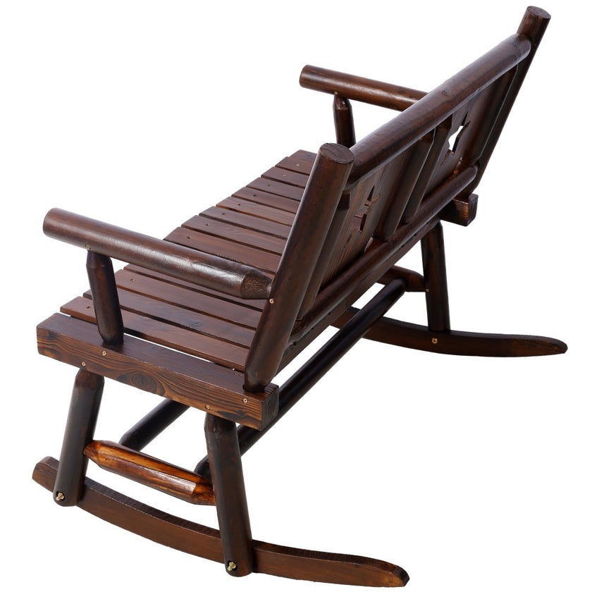 Outdoor Solid Wood Rocking Chair Bench Carbonized Double Rocking Chair For 2 People With Wide Curved Seat For Porch, Garden, Backyard, Rustic Brown