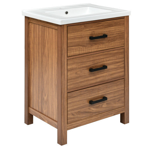 24'' Bathroom Vanity With Ceramic Basin Sink, Modern Bathroom Storage Cabinet With 3 Drawers, Freestanding Bathroom Vanity Cabinet With Single Sink