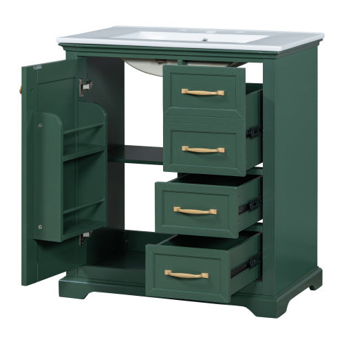 30 Bathroom Vanity With Sink, One Package, Green Bathroom Cabinet With Drawers, Solid Frame And MDF Board