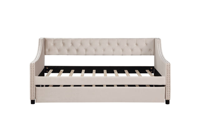 Daybed With Trundle Upholstered Tufted Sofa Bed, With Button And Copper Nail On Arms Full Size Beige