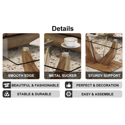 Modern Minimalist Transparent Tempered Glass Coffee Table With Marble Patterned MDF Legs And Stainless Steel Decorative Columns. Computer Desk. Game Table