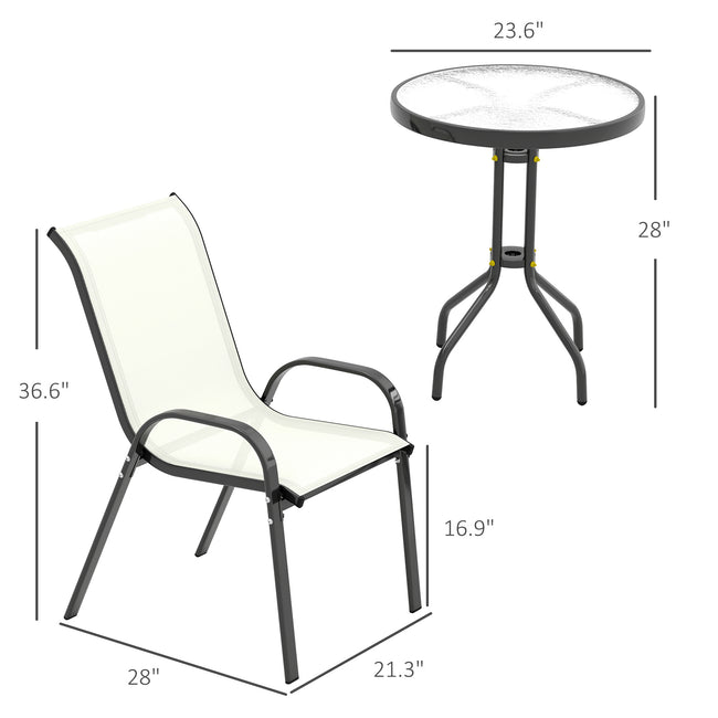 3 Pieces Bistro Set, Small Patio Furniture Set With Stackable Chairs And Glass Table For Backyard, Balcony, Beige