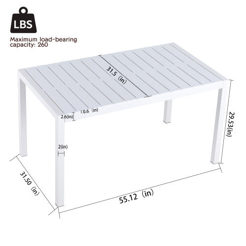 55 Inch White Modern Long Table - Indoor Outdoor Multi-Purpose Dining Table, Patio Table, Garden Table - Lightweight PP Tabletop With Metal Legs For Kitchen, Courtyard, Terrace Gatherings