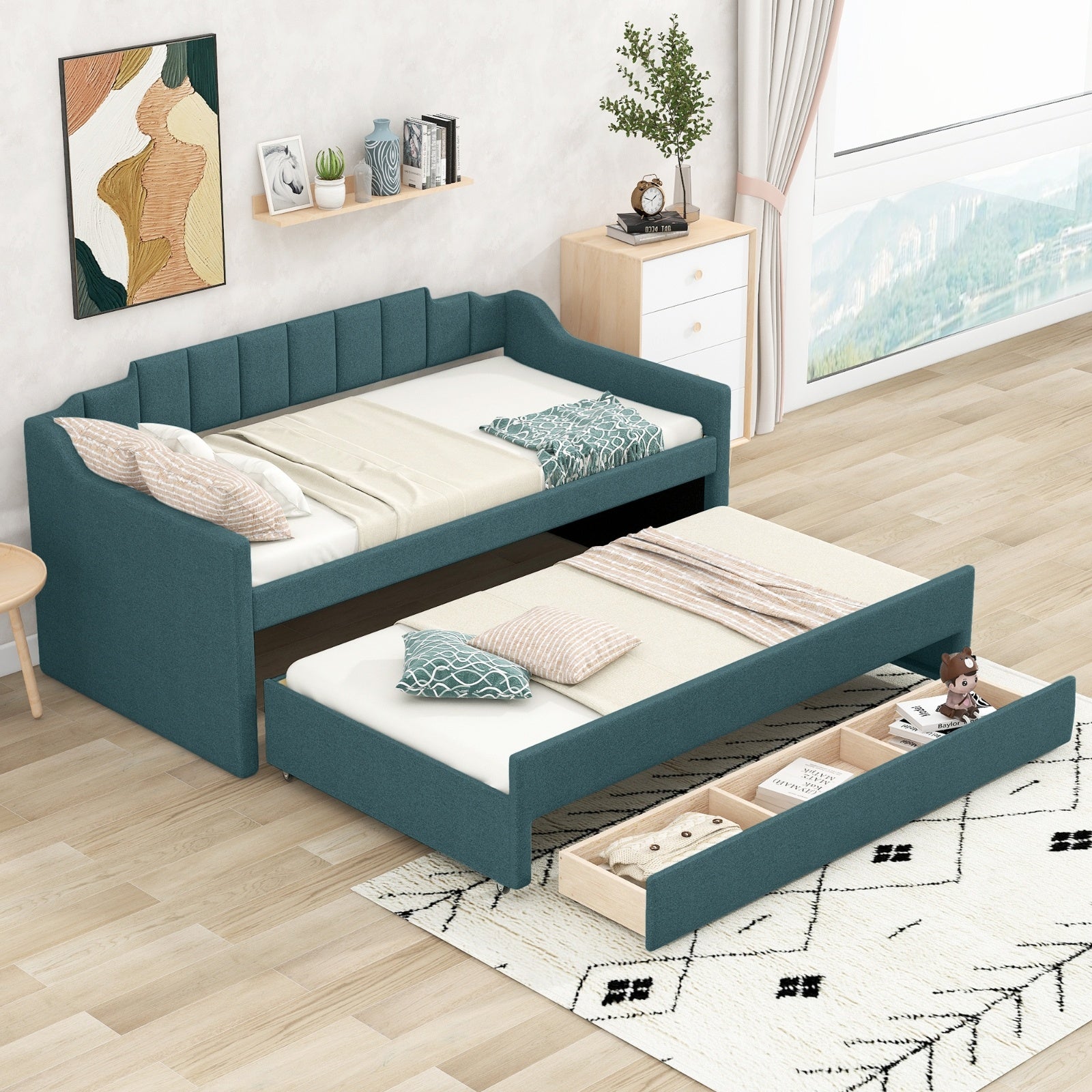 Twin Size Upholstered Daybed With Trundle And Three Drawers,Green