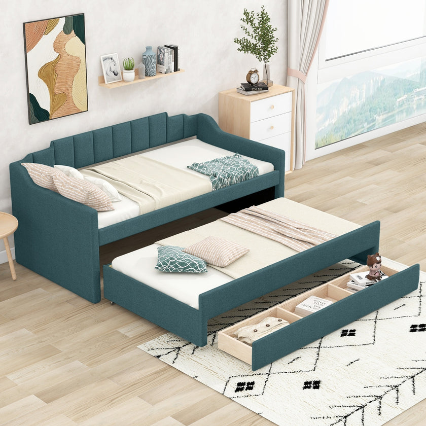 Twin Size Upholstered Daybed With Trundle And Three Drawers,Green