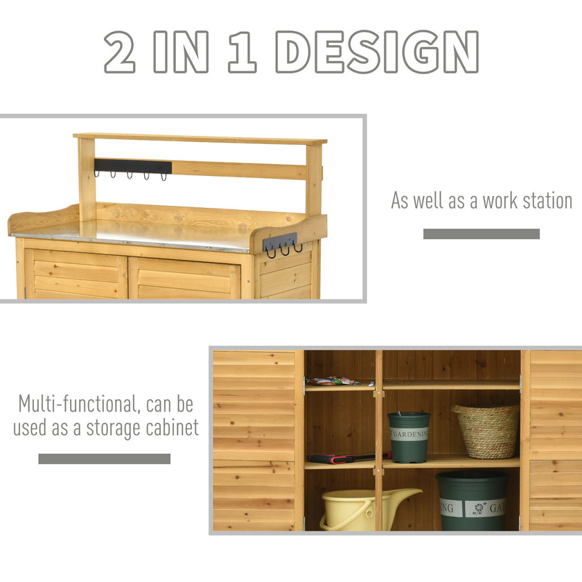Wooden Potting Bench 3-Tier Storage Cabinet Work Station Table Lockable Organizer With Magnetic Latch Hooks Foot Pads 34.25L Yellow