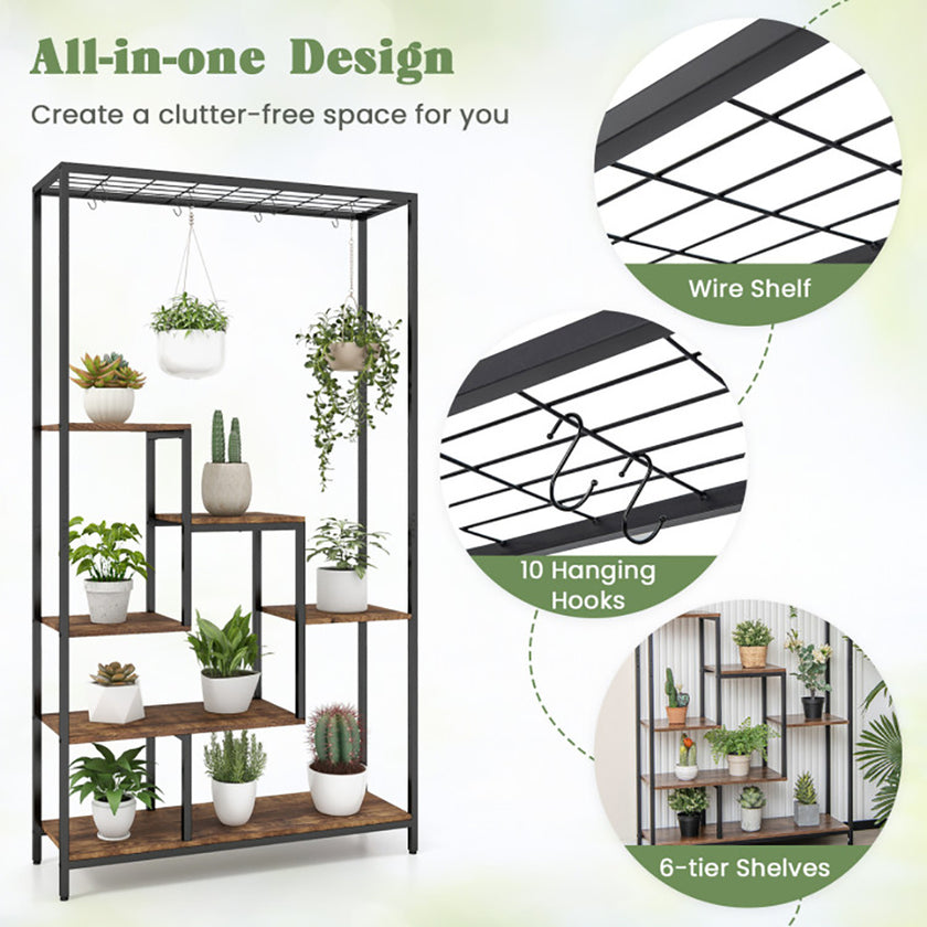 6-Tier Tall Plant Stand 71 Inch Metal Indoor Plant Shelf With 10 Hanging Hooks