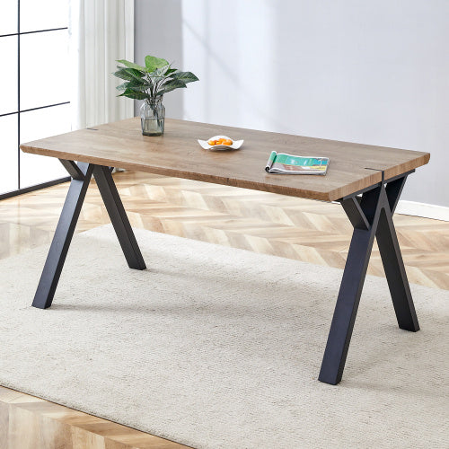 63x35.4Wood-Textured MDF Dining Table With Black A-Frame Legs.Density Board Sticker,Iron Pipe Spraying,Suitable For Various Occasions Such As Living Rooms, Kitchens, Terraces, Etc.