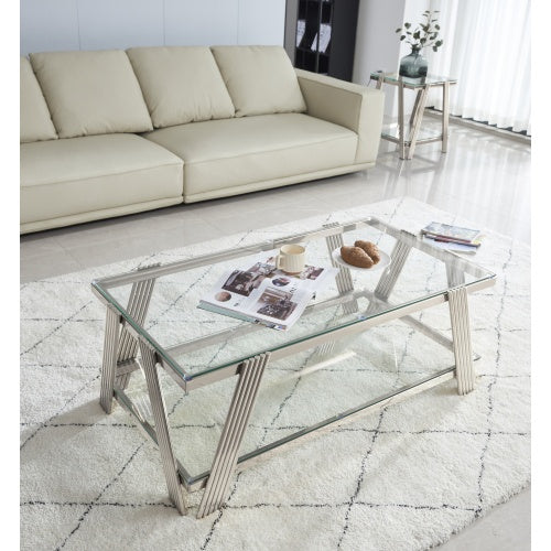 Modern Stainless Steel Coffee Table Set Set Of 2, Double-Layer Clear Tempered Glass Table Top, Coffee Table  End Side Table 2-Pieces Sets For Living Room Home Office, Silver