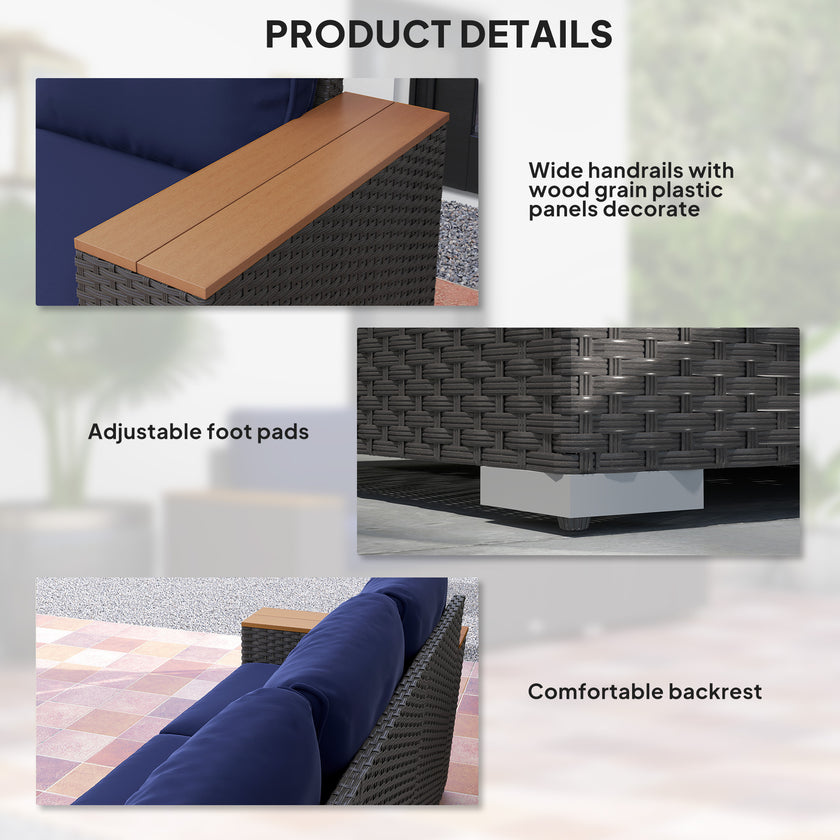 3-Seat Outdoor Patio Sofa With Cushions, PE Rattan Wicker Sofa With Wide Armrests, Outdoor Wicker Couch, Navy Blue