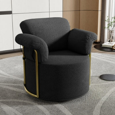 360 Degree Barrel Swivel Accent Sofa Chair,Fluffy Fabric Lounge Wide Upholstered Reading Chair With Gold Metal Legs, Comfortable Round Armchair For Living Room,Bedroom,Office