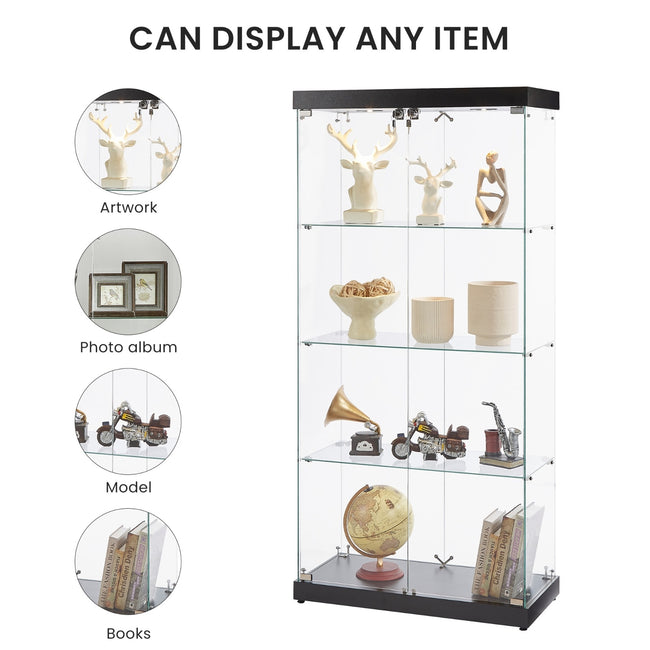 4-Tier Glass Display Cabinet, Double Door Glass Cabinet, Four Partitions, Two Locks, Floor Standing