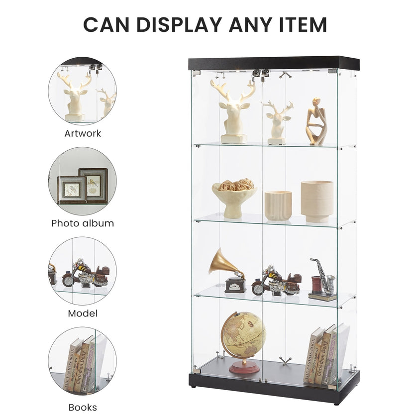 4-Tier Glass Display Cabinet, Double Door Glass Cabinet, Four Partitions, Two Locks, Floor Standing