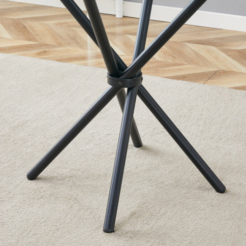 A Circular Transparent Tempered Glass Round Table With A Diameter Of 36.6 Inches,with Ring-shaped Gathered Black Metal Legs.The Desktop Glass Is 0.3 Inches Thick.