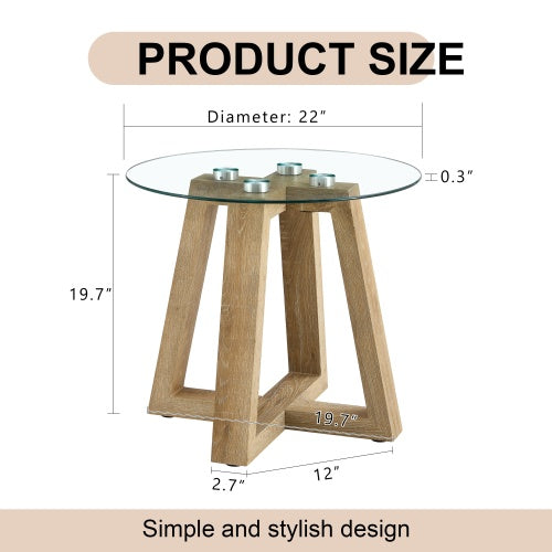 Modern And Practical Round Table. Made Of Clear Tempered Glass Top And Wood-coloured MDF Material. Suitable For Living Rooms And Bedrooms