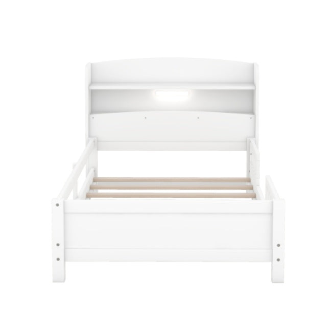 Wood Twin Size Platform Bed With Built-in LED Light, Storage Headboard And Guardrail, White