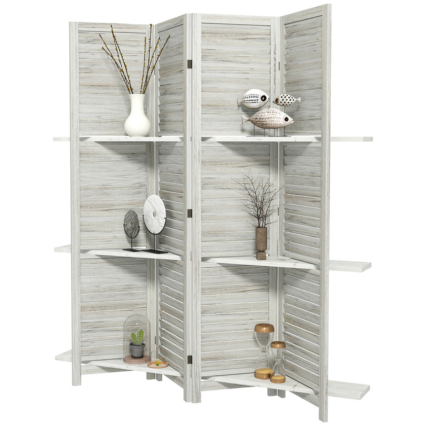 4 Panel 67 Tall Wood Privacy Screen Room Divider With 3 Shelves And Folding Storage For Bedroom, Distressed White