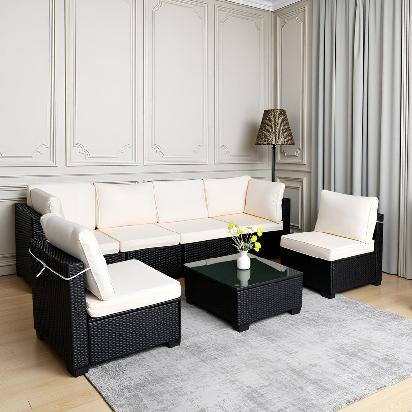 Hot Selling Seven-Piece Sofa Set Table With Sofa Chair Black PE Rattan Outdoor New Design Furniture 7-JH002 Box 3-1-2-3 With White Color Cushion